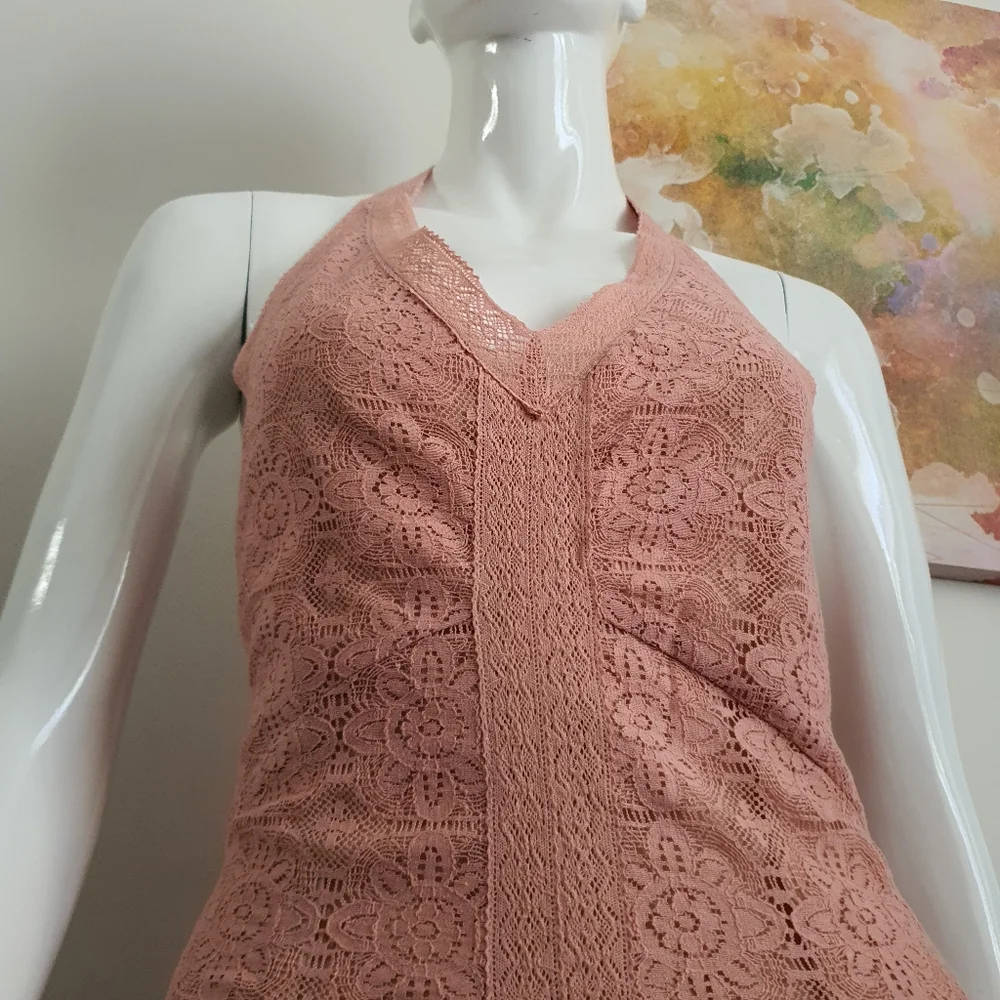 Guess Size 10 Halter Tie Back Dusty Pink Lace Maxi Dress - Picture 7 of 15